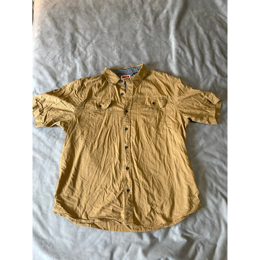 Wrangler Mens XL Flex for Comfort Short Sleeve Button Down Shirt Tan Khaki Work